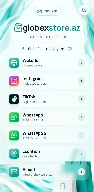 Globex Store's Hubme page on a phone: website, Instagram, TikTok, WhatsApp and location links