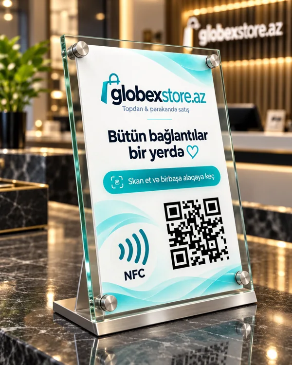 Crystal-frame QR and NFC desk stand