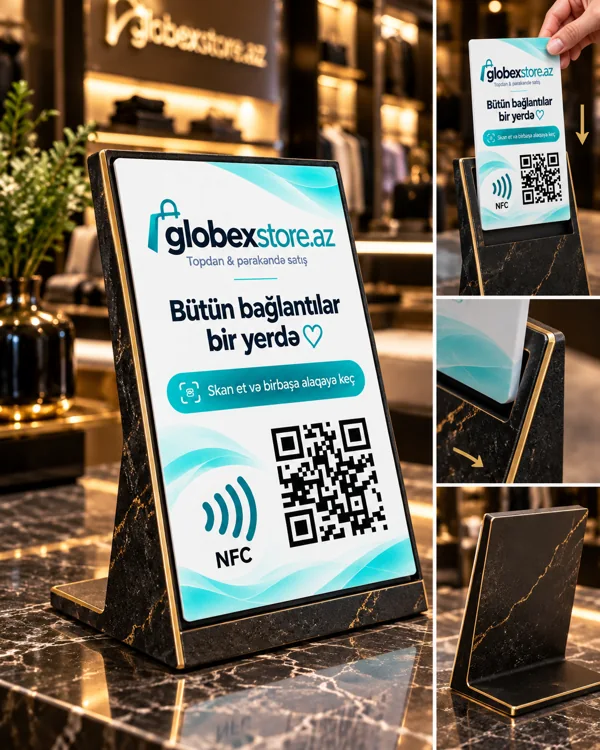 Black marble QR and NFC desk stand sample with Globex branding