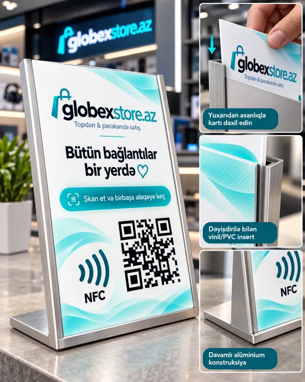 Aluminium line QR and NFC desk stand sample with Globex branding