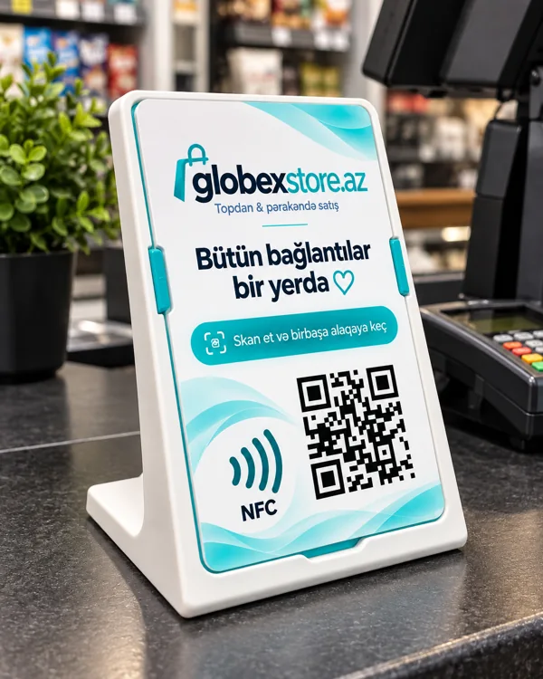 White minimal QR and NFC desk stand sample with Globex branding