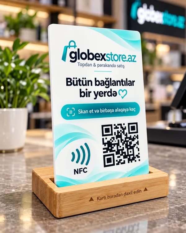 Wooden base QR and NFC desk stand sample with Globex branding