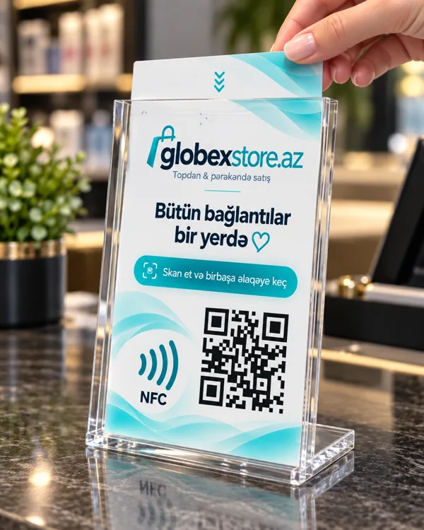 Clear card holder QR and NFC desk stand sample with Globex branding
