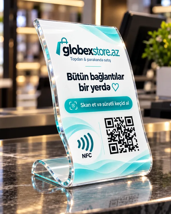 Acrylic wave QR and NFC desk stand sample with Globex branding
