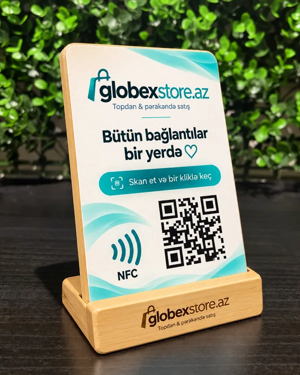 Signature wood QR and NFC desk stand sample with Globex branding