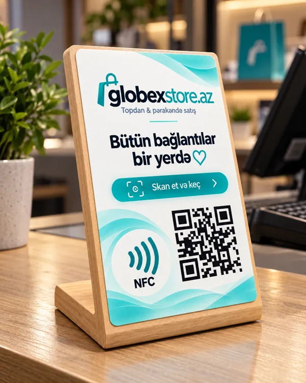 Natural frame QR and NFC desk stand sample with Globex branding