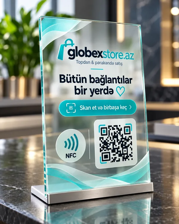 Clear premium QR and NFC desk stand sample with Globex branding